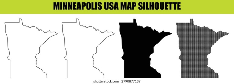 Professional set of minnesota state map silhouettes including solid black shape with white fill and dotted patterns. Minneapolis region geographical borders for creative map projects and vector cartography elements.