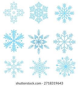 Ein professionelles Set von neun hellblauen Schneeflocken-Icons in verschiedenen geometrischen Stilen. Hochwertige EPS-Vektorelemente für das Branding in der Wintersaison, für die Gestaltung von Feiertagen und für kalte Wettergrafiken.