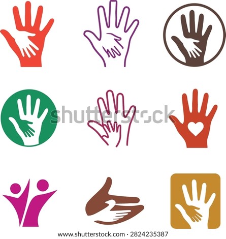 A professional set of nine minimalist charity, community, and family care logo templates featuring diverse supportive hand graphics and frames. Includes specialized concepts showcasing an adult hand cradling a child's hand, a heart cutout symbol for donations or philanthropy, a peace dove silhouette inside a hand, abstract community figures, and stylized circular