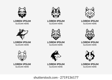 Professional set of nine wolf head logo templates featuring various geometric and minimalist styles in black and white. This collection includes symmetrical front-facing wolves and side-profile silhouettes, ideal for esports teams, outdoor adventure brands, security firms, and modern corporate identities. Each emblem is designed with clean lines to ensure high-impact visual branding