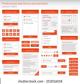 Professional set of orange web forms and elements on light background