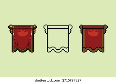 Un conjunto profesional de Anuncios de seda roja en estilo pixel art, con tres variaciones: una versión sombreada detallada, un contorno negro limpio y un diseño de color plano. Ideal para juegos de rol, UI de fantasía medieval y proyectos digitales de temática retro.
