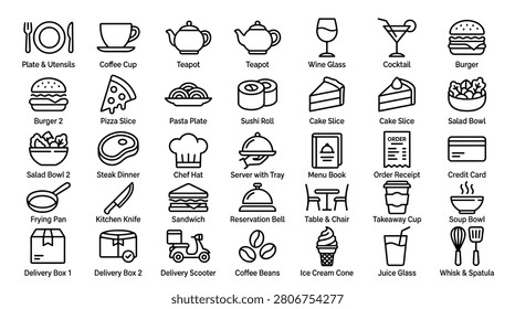 Professional set of restaurant menu icons covering dining essentials like cutlery coffee teapot glassware burger slices sushi rolls cake dessert salad bowl steak chef hat server tray menu card order receipt credit card frying pan kitchen knife sandwich reservation bell table setup.