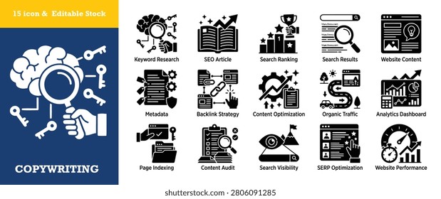 Professional set of SEO icons showcasing keyword research search ranking website content backlink strategy content optimization organic traffic analytics dashboard page indexing search visibility performance tracking assets.
