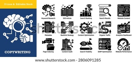 Professional set of SEO icons showcasing keyword research search ranking website content backlink strategy content optimization organic traffic analytics dashboard page indexing search visibility performance tracking assets.
