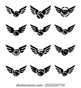 professional set of silhouette handshake with wings logo designs, symbolizing partnership, collaboration, trust, and success. Perfect for business branding, corporate identity, and creative projects