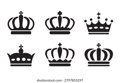 Professional set of six detailed crown silhouettes for royal branding. Vector shapes demonstrating monarchical power.