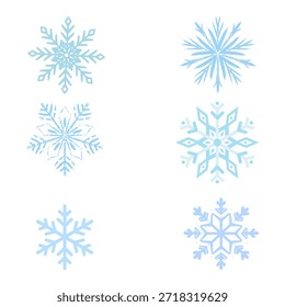 Ein professionelles Set von sechs hellblauen Schneeflocken-Icons in verschiedenen komplizierten geometrischen Stilen. Hochwertige EPS-Vektorelemente für das Branding in der Wintersaison, für die Gestaltung von Feiertagen und für Wettergrafiken.
