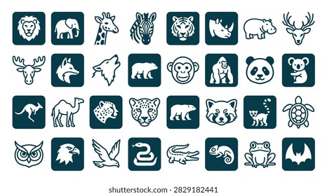A professional set of thirty-two vector animal icons showcasing a diverse range of wildlife. The collection includes safari animals, forest creatures, and reptiles such as the lion, tiger, panda, gorilla, eagle, and crocodile. Each icon uses a consistent monoline or silhouette style, ideal for mobile apps, website UI, educational infographics, and environmental conservation branding.