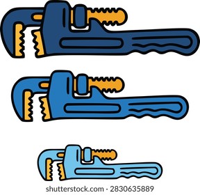 A professional set of three adjustable pipe wrenches in different sizes, illustrated in a clean flat glyph icon style with solid flat colors and bold black outlines. Each wrench features a simplified serrated jaw and sturdy handle while maintaining consistent proportions and visual language. The organized composition is ideal for representing plumbing equipment, mechanical tools, hardware collections, workshop supplies, construction equipment, maintenance services, DIY projects, tool catalogs, online stores, packaging, advertising, websites, applications, and commercial stock vector designs.
