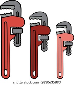 A professional set of three adjustable pipe wrenches in different sizes, illustrated in a clean flat glyph icon style with solid flat colors and bold black outlines. Each wrench features a simplified serrated jaw and sturdy handle while maintaining consistent proportions and visual language. The organized composition is ideal for representing plumbing equipment, mechanical tools, hardware collections, workshop supplies, construction equipment, maintenance services, DIY projects, tool catalogs, online stores, packaging, advertising, websites, applications, and commercial stock vector designs.
