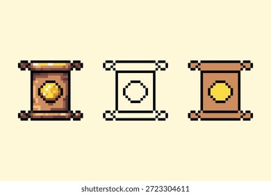Un conjunto profesional de tres pergaminos antiguos en estilo pixel art. Con una versión totalmente sombreada con un sello de cera, un contorno limpio en blanco y negro y una base plana de color. Perfecto para objetos de misiones de RPG, hechizos mágicos e iconos de interfaz de usuario de juegos de fantasía.