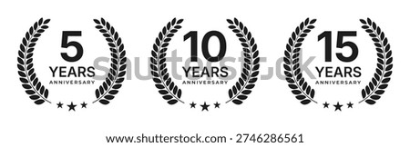 A professional set of three black laurel wreath emblems marking 5, 10, and 15 year anniversaries. Each graphic includes a circular leaf border, bold numerals, and decorative stars at the bottom.