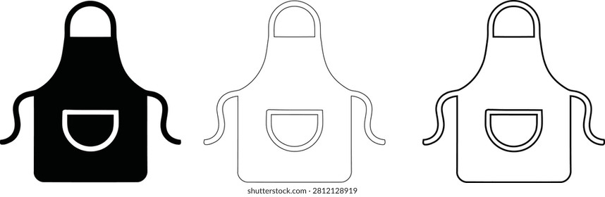 A professional set of three kitchen apron icons presented in solid black bold outline and thin line styles. These versatile graphics are perfect for culinary websites restaurant branding or lifestyle apps focused on cooking and home management.