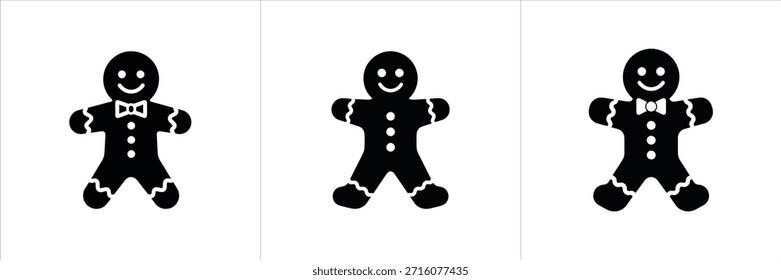 Un conjunto profesional de tres siluetas minimalistas de hombre de jengibre. Con variaciones con y sin pajaritas, estos iconos vectoriales limpios en blanco y negro son ideales para temas de horneado navideño, Navidades de marca de alimentos y gráficos festivos de temporada.