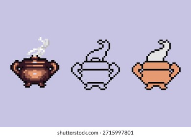 Un conjunto profesional de quemadores de incienso o incensarios de arte de tres píxeles con una versión sombreada detallada con humo, un contorno minimalista y un estilo de color plano. Perfecto para artículos de juegos de rol retro, activos mágicos e iconos de interfaz de usuario digital.