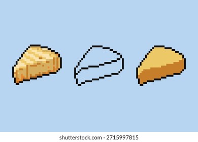 A professional set of three pixel art glutinous rice cake slices (Nian Gao), featuring a detailed shaded version, a minimalist black outline, and a flat color design. Perfect for Lunar New Year food themes, Asian snack game assets, and retro 8-bit digital icons.