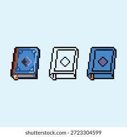 Um conjunto profissional de ícones de três pixels do livro de arte com um tomo mágico azul com um emblema de diamante. O pacote inclui uma versão sombreada detalhada, uma versão de arte de linha limpa e uma versão de cor plana.