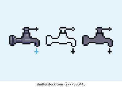 A professional set of three pixel art icons depicting a water tap or faucet with a single dripping droplet. This collection includes a detailed shaded version, a clean line art outline, and a solid flat design. Ideal for plumbing services, bathroom-themed UI, home-building games, or hygiene digital content.