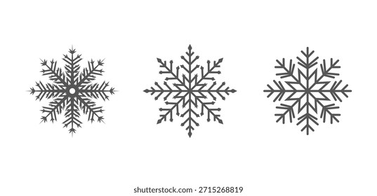 Ein professionelles Set von drei einzigartigen schwarzen kristallinen Schneeflocken-Icons. Diese detaillierten Vektorgrafik-Designs eignen sich perfekt für die Wintersaison als Branding, Weihnachtsmuster und elegante Urlaubsdekorationen.