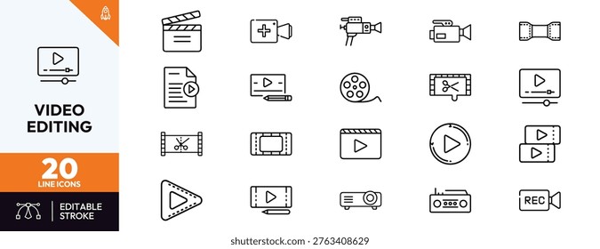 A professional set of twenty minimal line symbols representing video editing tools cinema equipment and film production elements for modern multimedia design projects and various applications