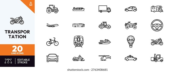 A professional set of twenty minimalist thin line icons representing diverse transport modes including land sea and air vehicles for website interface and mobile application design.