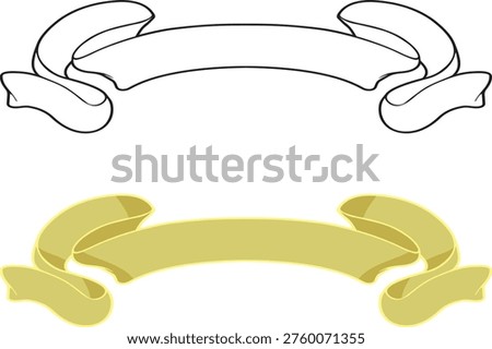 A professional set of two horizontal ribbon banners with intricate layered folds. Includes one minimalist black outline version and one sophisticated muted gold version with light yellow highlights. Ideal for vintage-style branding, certificates, premium labels, and high-end awards. Isolated on white background.