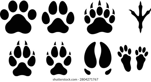 Professional Set of Various Animal Footprints and Paw Print Silhouettes for Wildlife Tracking Educational Materials and Graphic Design Projects