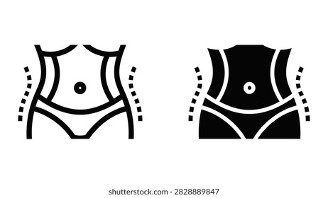 A professional set of vector icons depicting abdominal body contouring or weight loss progress illustrated in both outline and solid black styles. Perfect for fitness plastic surgery or wellness branding.