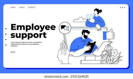 A professional setting with a man using a tablet, a woman with a heart icon, and various supportive elements Ideal for employee support team collaboration remote work wellness programs digital