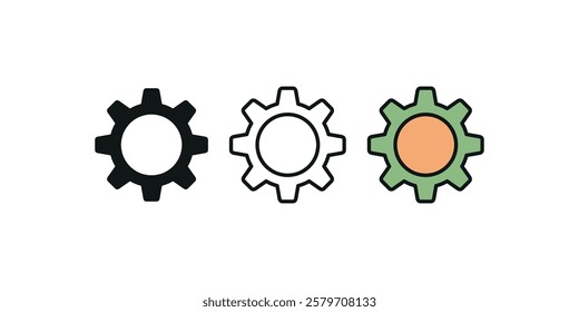 A professional settings gear icon in three styles. Solid, outlined, and colored versions enhance UI, mobile apps, websites, and software interfaces for a clean, modern user experience.