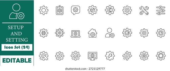 Conjunto de iconos de configuración de Profesionales y Configuraciones con 24 glifos de color verde azulado para configuración técnica, preferencias del sistema y controles de interfaz de usuario. Ideal para menús App, paneles de software y paneles de Web.