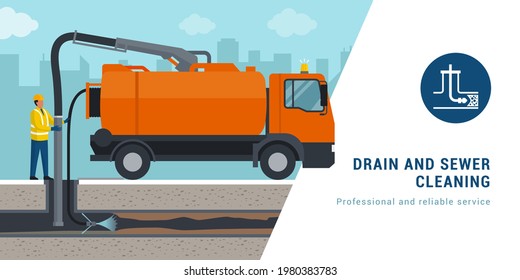 Professional sewer cleaning service: worker cleaning a sewer line