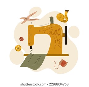 Professional sewing concept. Sewing machine with green piece of fabric near buttons. Seamstress inventory for handmade and clothing production. Poster or banner. Cartoon flat vector illustration