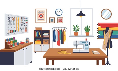 Professional sewing room interior featuring workbench with sewing machine clothing rack mannequin fabrics shelves with threads scissors and decorations.