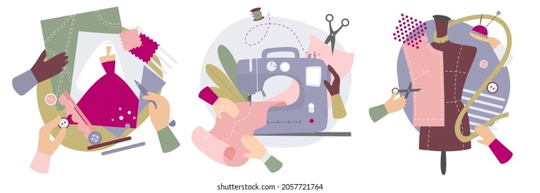 Professional sewing set, sewing business, atelier. Creation of a fashionable sketch, sewing on a sewing machine, a mock-up of clothes on a mannequin. Fashion designer concept. Flat vector illustration