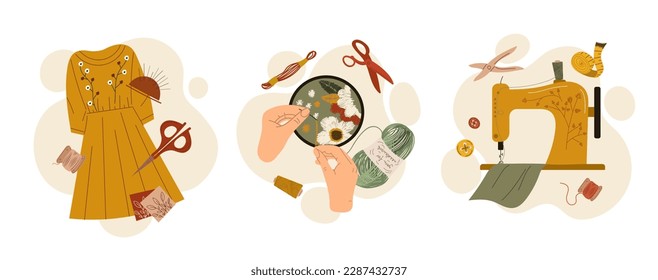 Professional sewing set. Yellow dress with pincushion, scissors and piece of cloth. Hands with embroidery, Sewing machine and threads. Cartoon flat vector illustrations isolated on white background