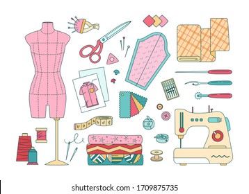 Professional sewing, tailoring and making cloth set. Isolated tailor and seamstress tools, fashion designer pro accessories like mannequin, scissors, fabrics stack. Modern vector kit - flat line style