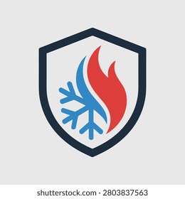 A professional shield icon featuring a split design with a red flame on one side and a blue snowflake on the other, representing hot and cold elements.