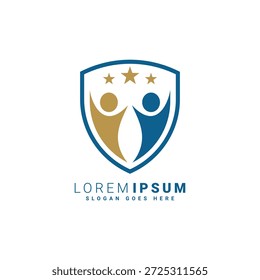 Un logotipo de escudo profesional con figuras humanas y estrellas, que simboliza la seguridad, el trabajo en equipo y la excelencia. Perfecto para formación, RR. HH., educación y empresas relacionadas con la atención sanitaria.