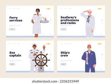 Professional ship crew qualified mariner team online school or service isolated set of landing page