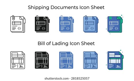 Professional shipping documents and bill of lading vector icon set featuring clean line art and flat colorful graphic styles for modern logistics and transport business branding