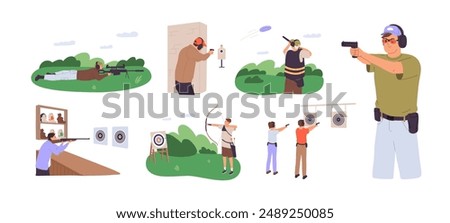 Professional shooters training on shoot range set. People aiming in bullseye target, aim with weapon, gun, rifle. Person shoting by bow on shooting gallery. Flat isolated vector illustrations on white