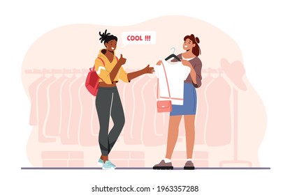 Professional Shopper Female Character and Personal Fashion Stylist Visit Apparel Store to Choose Stylish Clothes. Woman Chatting with Consultant of Garment Design. Cartoon People Vector Illustration