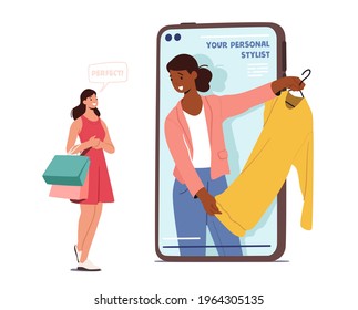 Professional Shopper Female Character Use Help of Personal Fashion Stylist Choose Stylish Clothes. Tiny Woman Chatting with Consultant Online via Huge Smartphone. Cartoon People Vector Illustration