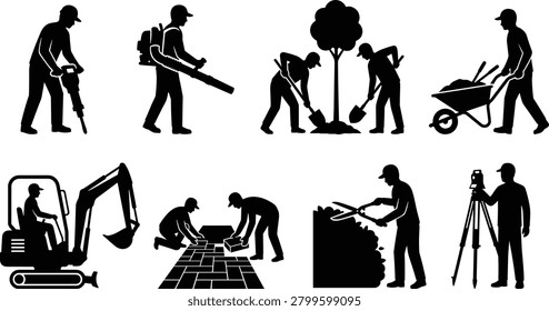 Professional silhouette icon set featuring construction workers, landscapers, paving contractors, excavation equipment operators, surveyors, and grounds maintenance services. Ideal for construction companies, landscaping businesses, civil engineering projects, and property development materials.