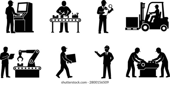 Professional silhouette icon set featuring factory workers, production lines, automation systems, quality inspection, forklift operations, industrial engineering, and manufacturing management. Ideal for factory training materials, industrial presentations, engineering projects, and production workflow documentation.