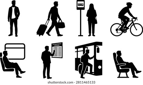 Professional silhouette set featuring commuters, travelers, cyclists, passengers, public transportation users, and transit-related activities. Ideal for transportation infographics, travel guides, mobility applications, urban planning projects, and wayfinding systems.