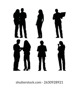 Conjunto de Silhueta Profissional de Jovens Empresários e Empresárias de Pé em Grupos Coleção de Vetor Preto e Branco de Figuras Masculinas e Femininas para Corporação, Trabalho em Equipe e Conceitos de Escritório