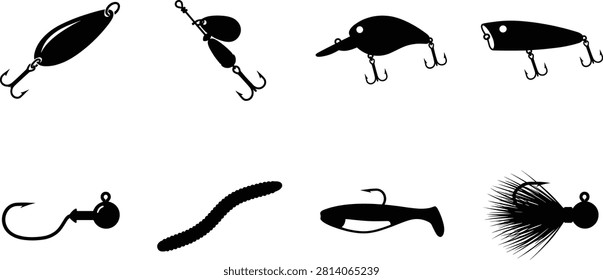 Professional silhouette vector collection featuring fishing lures, soft plastic baits, jig heads, crankbaits, poppers, spoons, and angling tackle. Ideal for fishing brands, outdoor websites, sporting goods catalogs, mobile apps, decals, and recreational marketing materials.